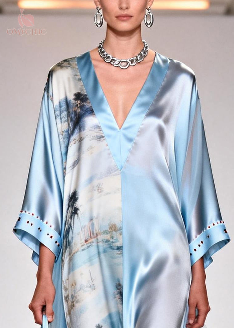 Rhinestone Cuff Deep V-Neck Wide Sleeve Tulle Train Satin Maxi Gown