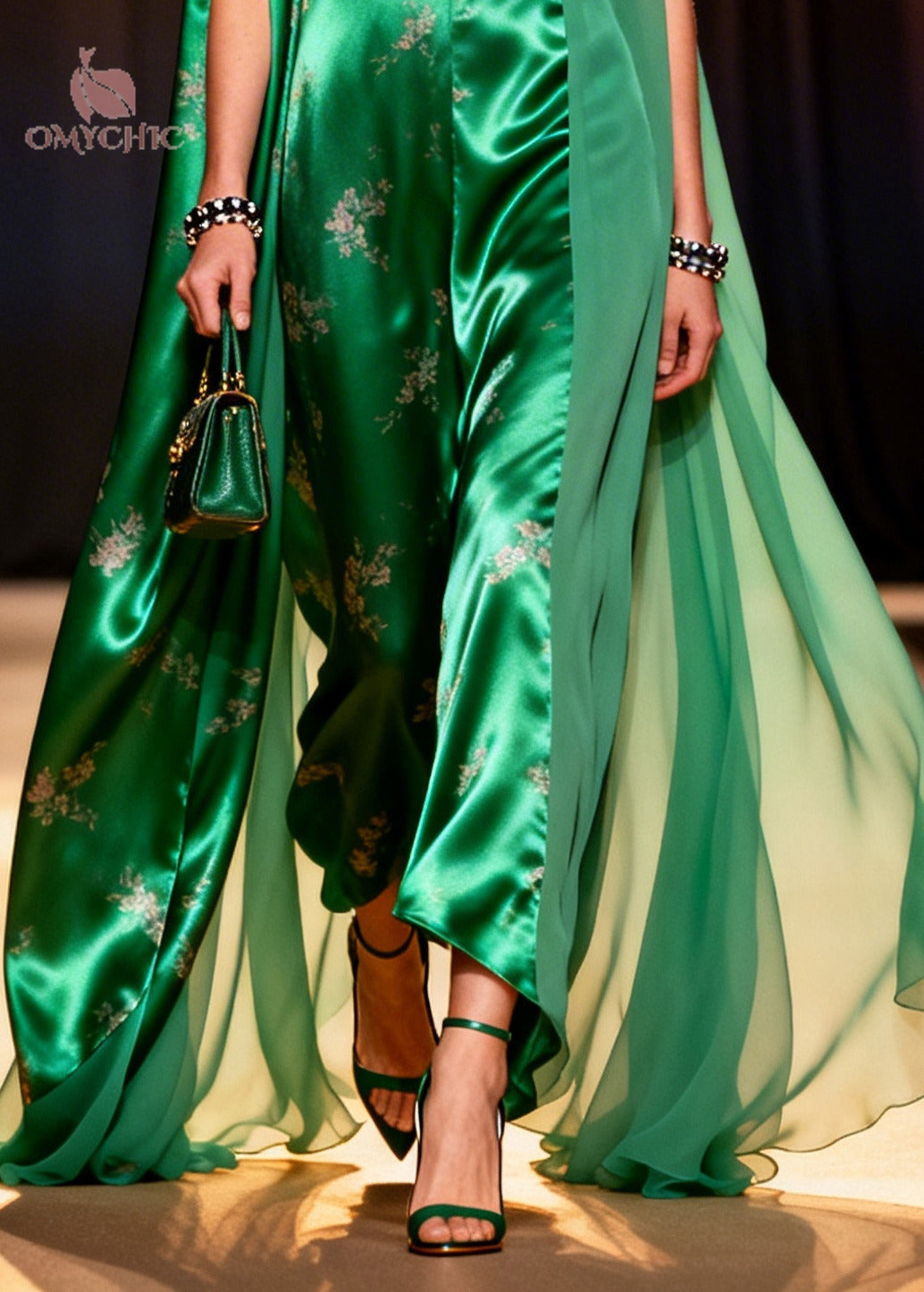 Satin Floral Deep V-Neck Sleeveless Cape Wide Leg Jumpsuit