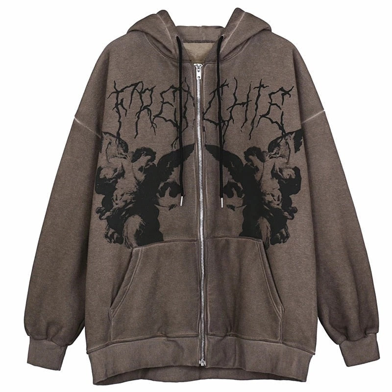 Vintage Printed Zip Up Hoodie Brown / M Sweatshirts & Hoodies-L