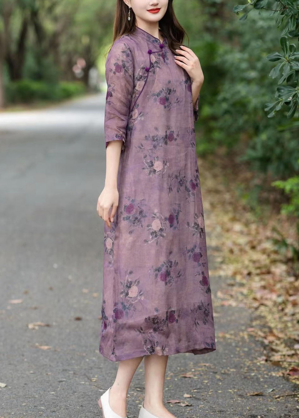 Vintage Purple Stand Collar Print Patchwork Linen Dress Summer