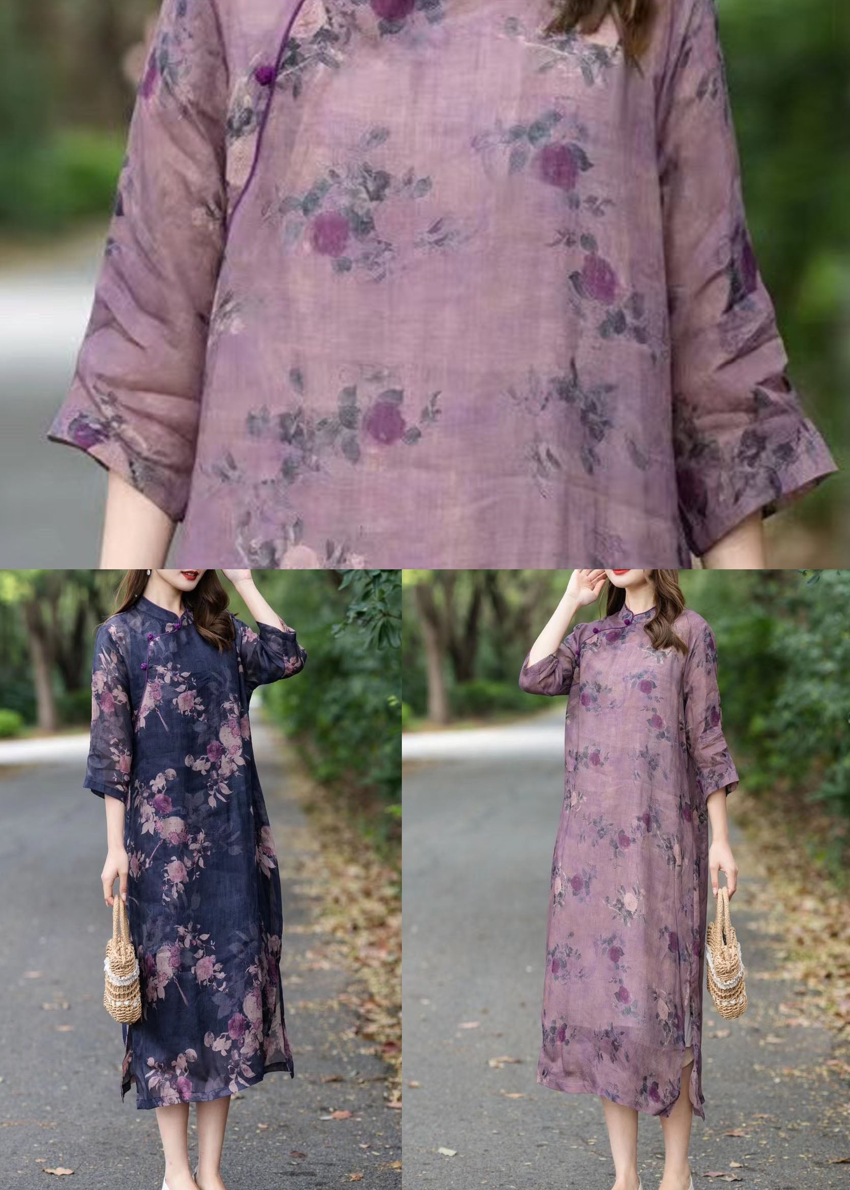Vintage Purple Stand Collar Print Patchwork Linen Dress Summer