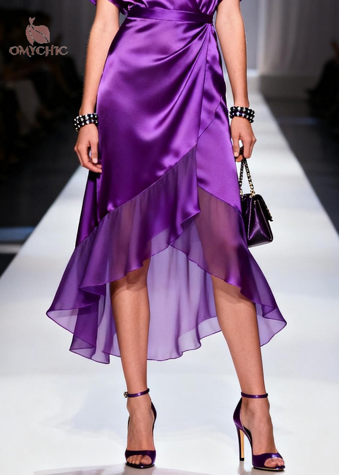 Satin Wrap Deep V-Neck Flutter Sleeve High Low Ruffle Hem Midi Dress