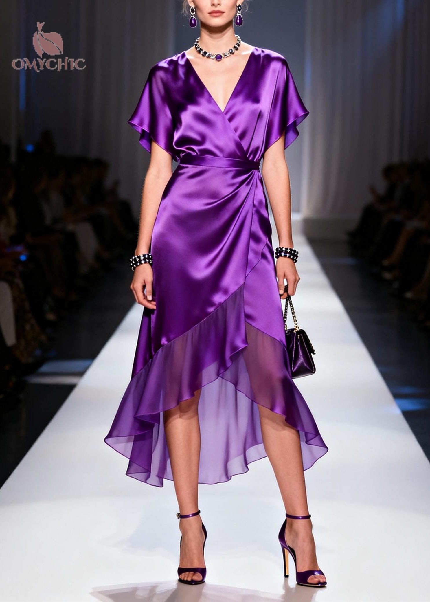 Satin Wrap Deep V-Neck Flutter Sleeve High Low Ruffle Hem Midi Dress