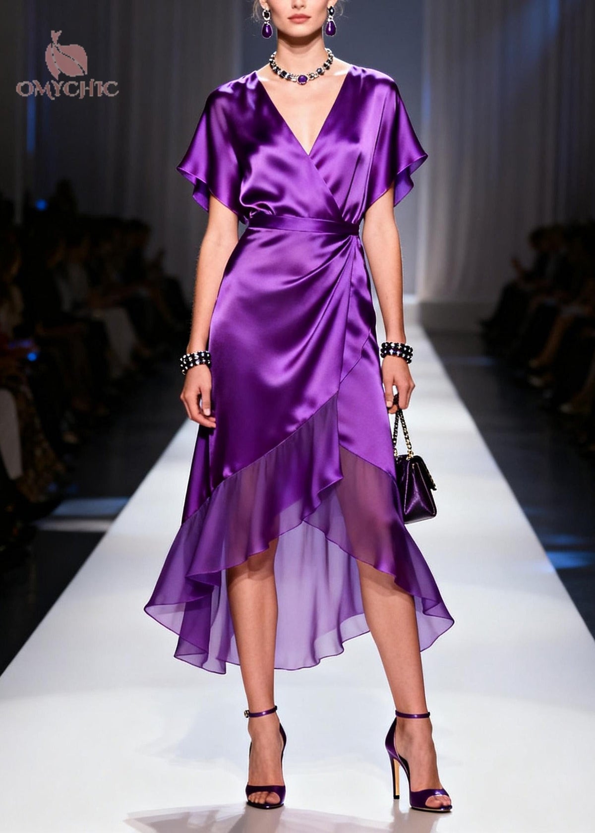 Satin Wrap Deep V-Neck Flutter Sleeve High Low Ruffle Hem Midi Dress - View 5