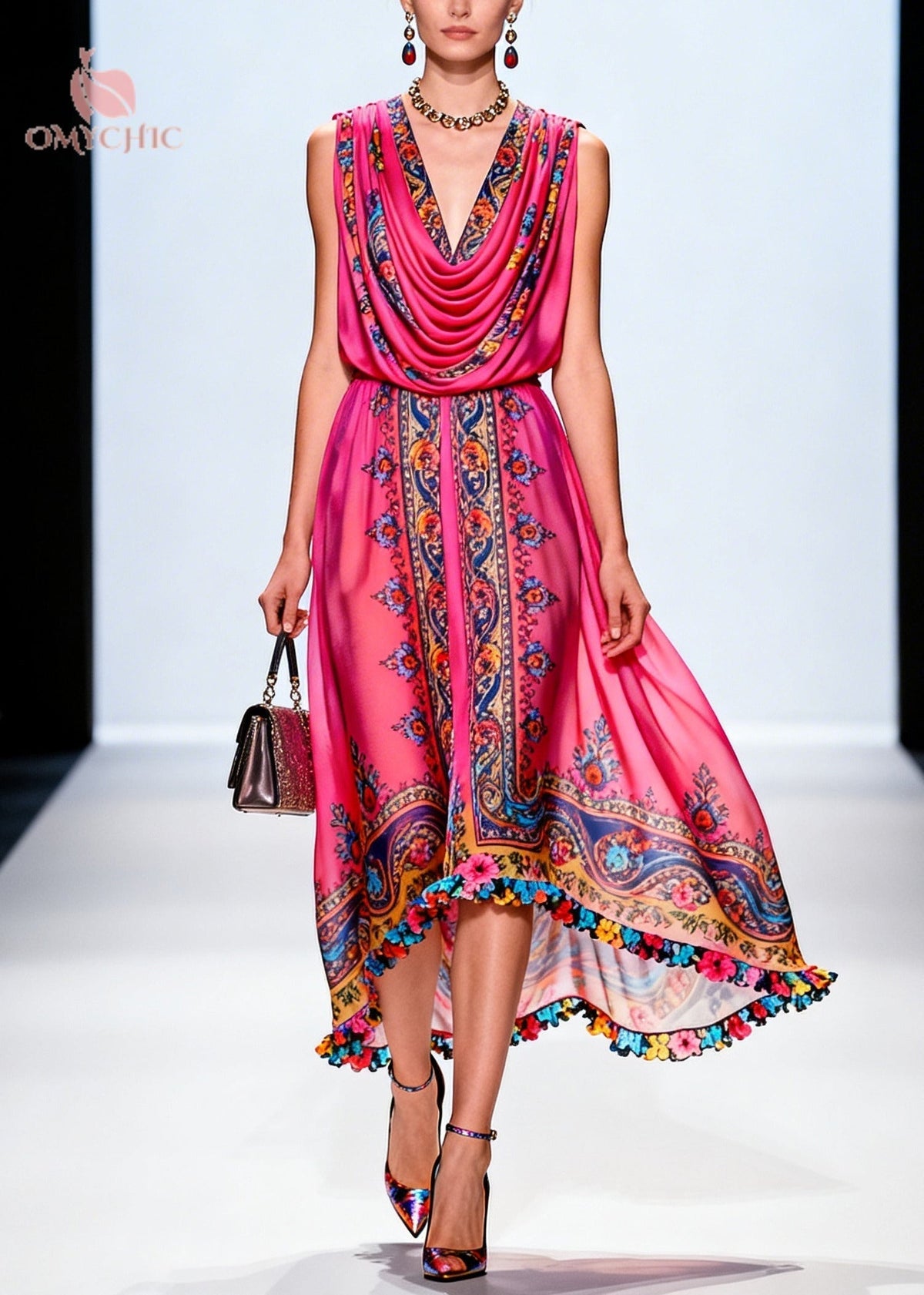 Paisley Print Cowl Neck Sleeveless High Low Midi Party Dress - View 3