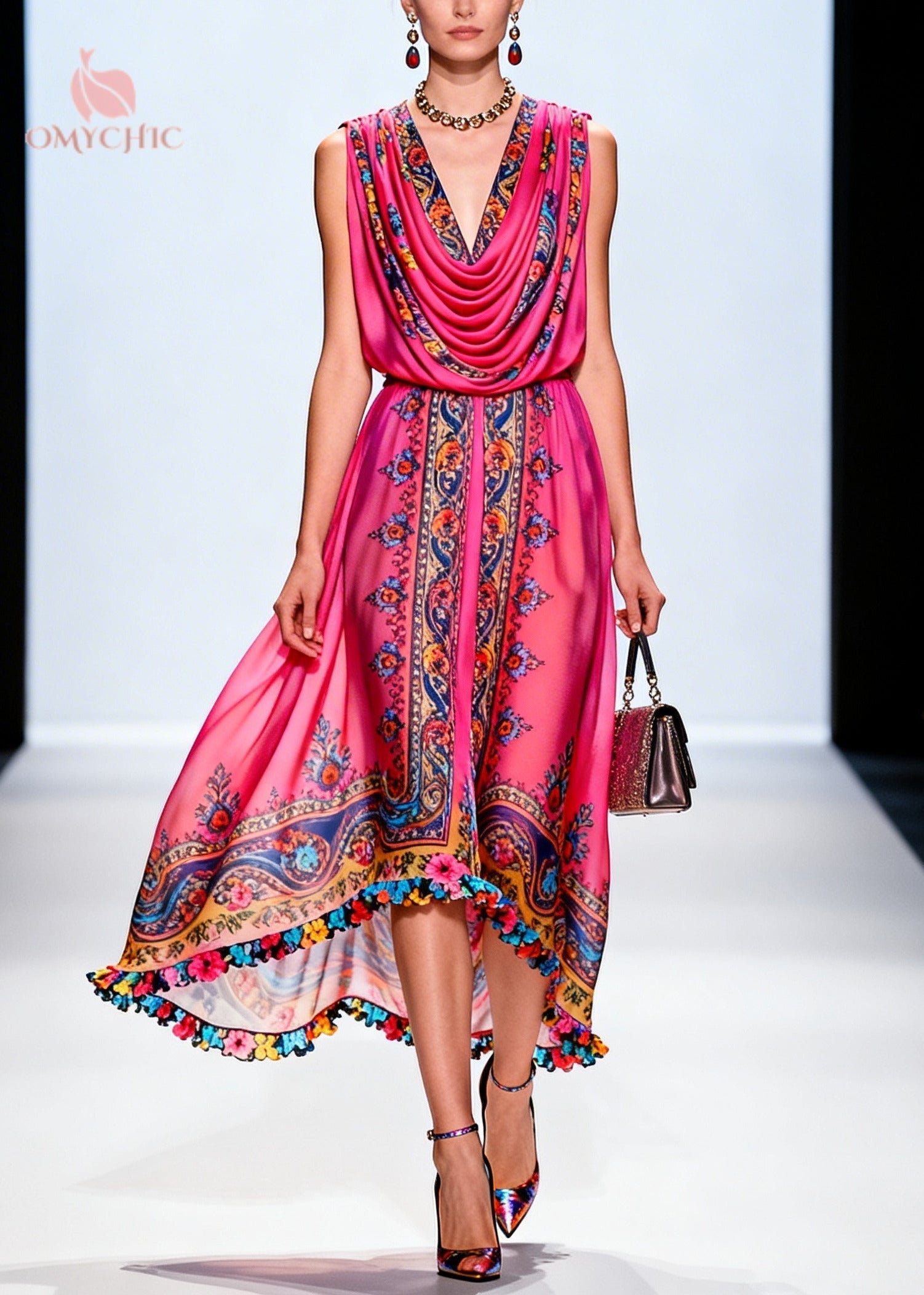 Paisley Print Cowl Neck Sleeveless High Low 3D Floral Trim Midi Party Dress
