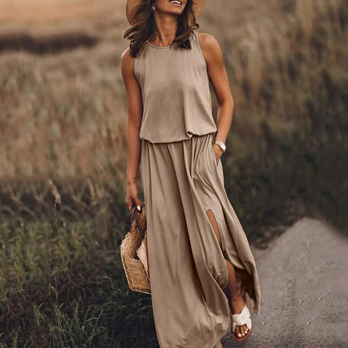 Sleeveless Tank Neck Elastic Waist Side Slit Pocket Maxi Dress