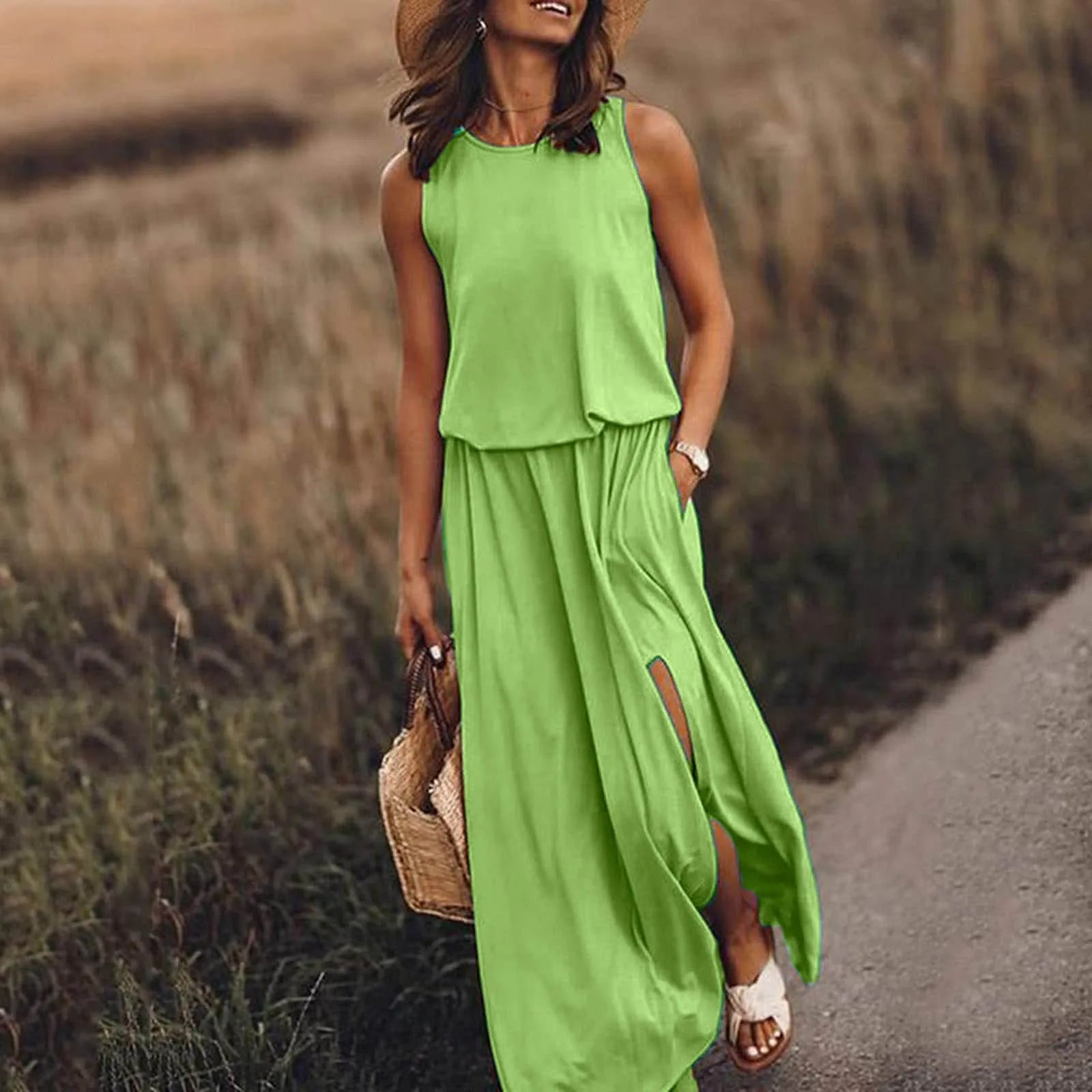 Sleeveless Tank Neck Elastic Waist Side Slit Pocket Maxi Dress