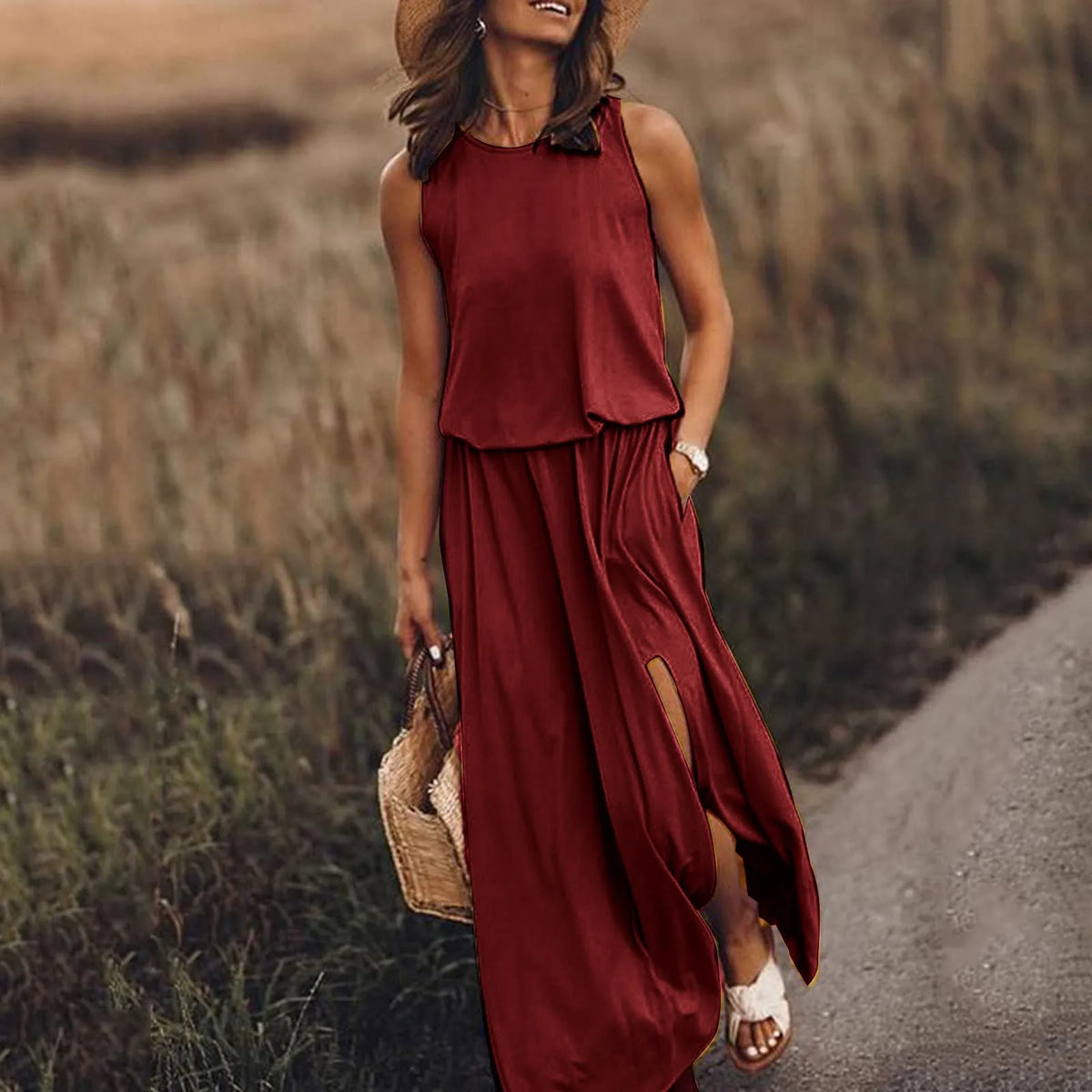 Sleeveless Tank Neck Elastic Waist Side Slit Pocket Maxi Dress - View 15
