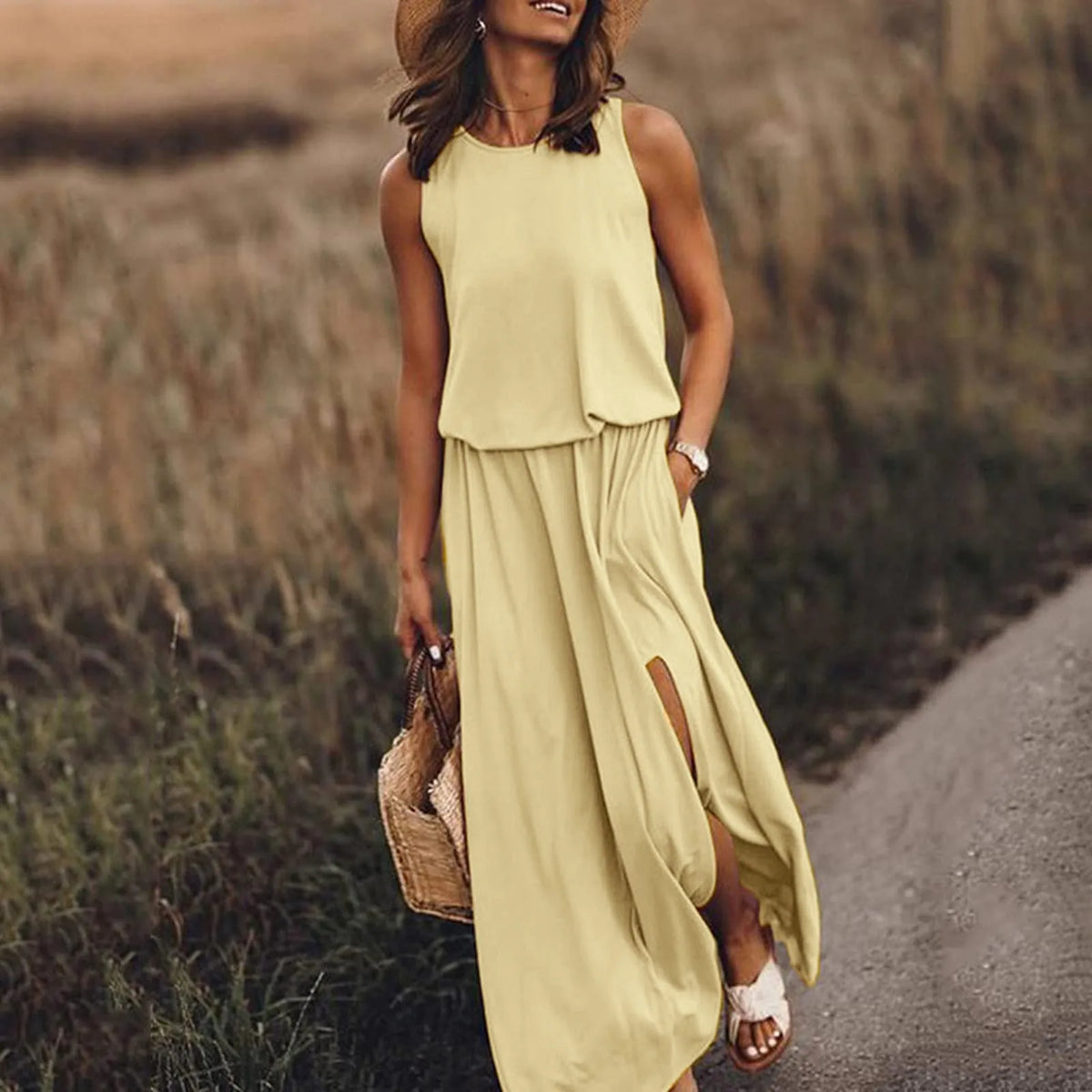 Sleeveless Tank Neck Elastic Waist Side Slit Pocket Maxi Dress - View 13