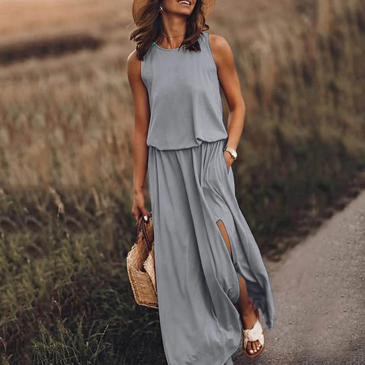 Sleeveless Tank Neck Elastic Waist Side Slit Pocket Maxi Dress - View 14