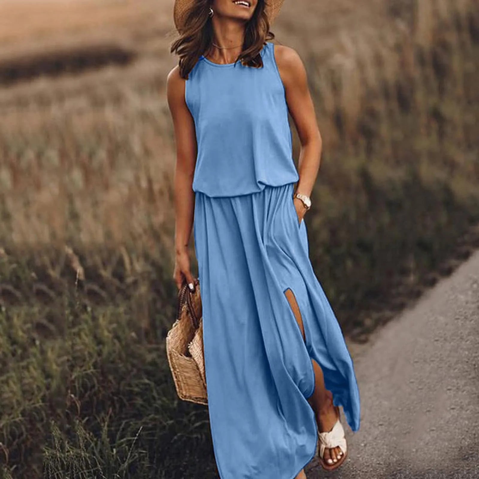 Sleeveless Tank Neck Elastic Waist Side Slit Pocket Maxi Dress