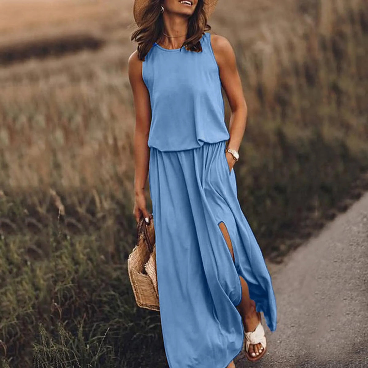 Sleeveless Tank Neck Elastic Waist Side Slit Pocket Maxi Dress - View 5