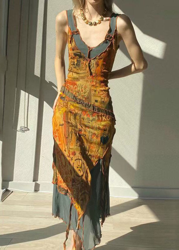 Printed Mesh V-Neck Sleeveless Asymmetric Handkerchief Hem Midi Dress