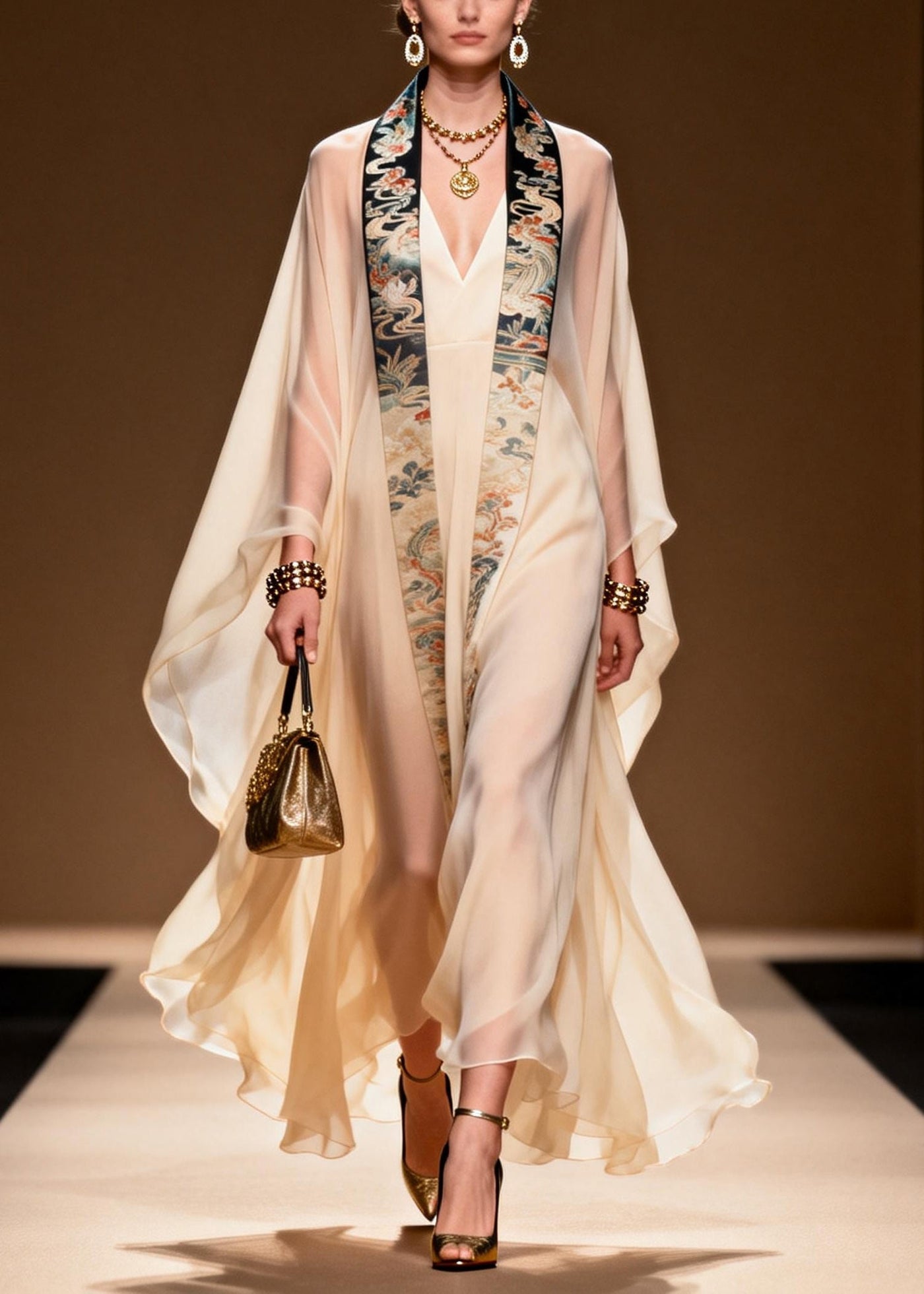Vintage White Oversized Dragon Pattern Chiffon Dresses Two Piece Set Summer 5