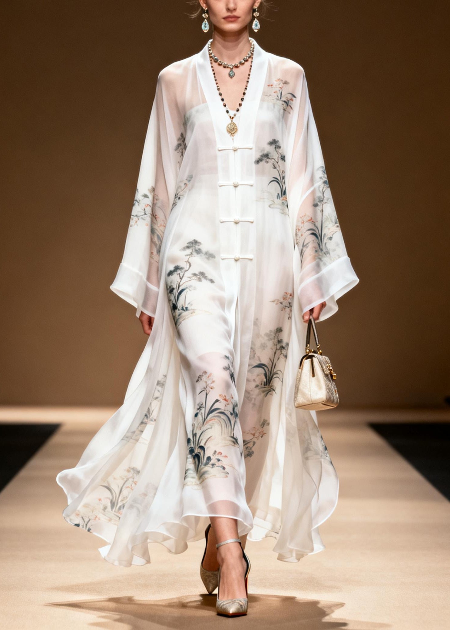 Chiffon Frog Button Draped Layered Kimono Sleeve Maxi Dress