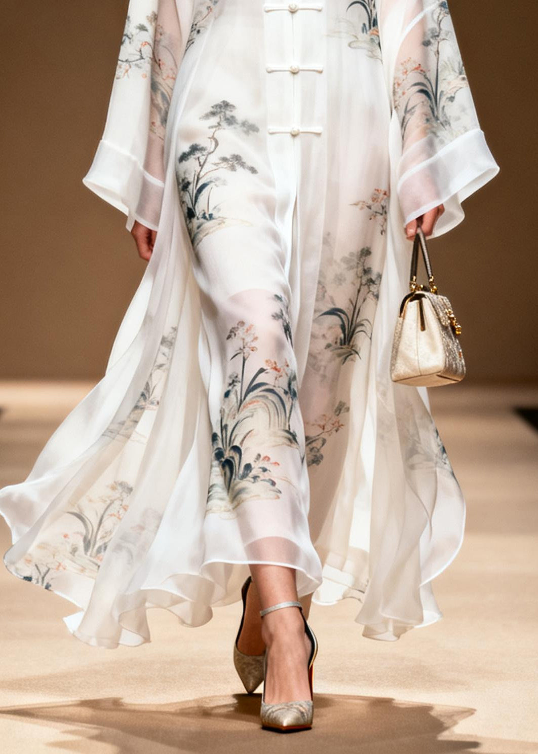 Chiffon Frog Button Draped Layered Kimono Sleeve Maxi Dress
