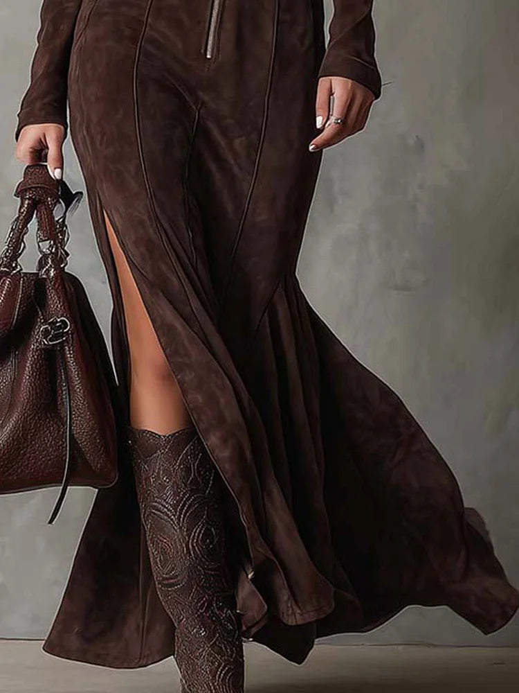 Suede Look Zip Front Belted High Split Maxi Dress