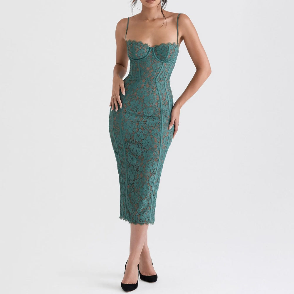 Lace Bustier Spaghetti Strap Bodycon Midi Dress