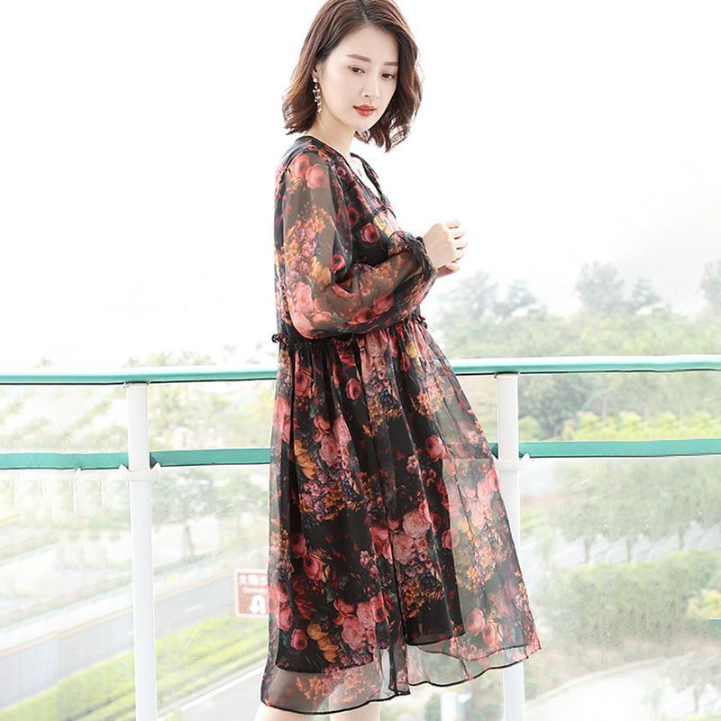 Chiffon Floral Hollow Midi Dress