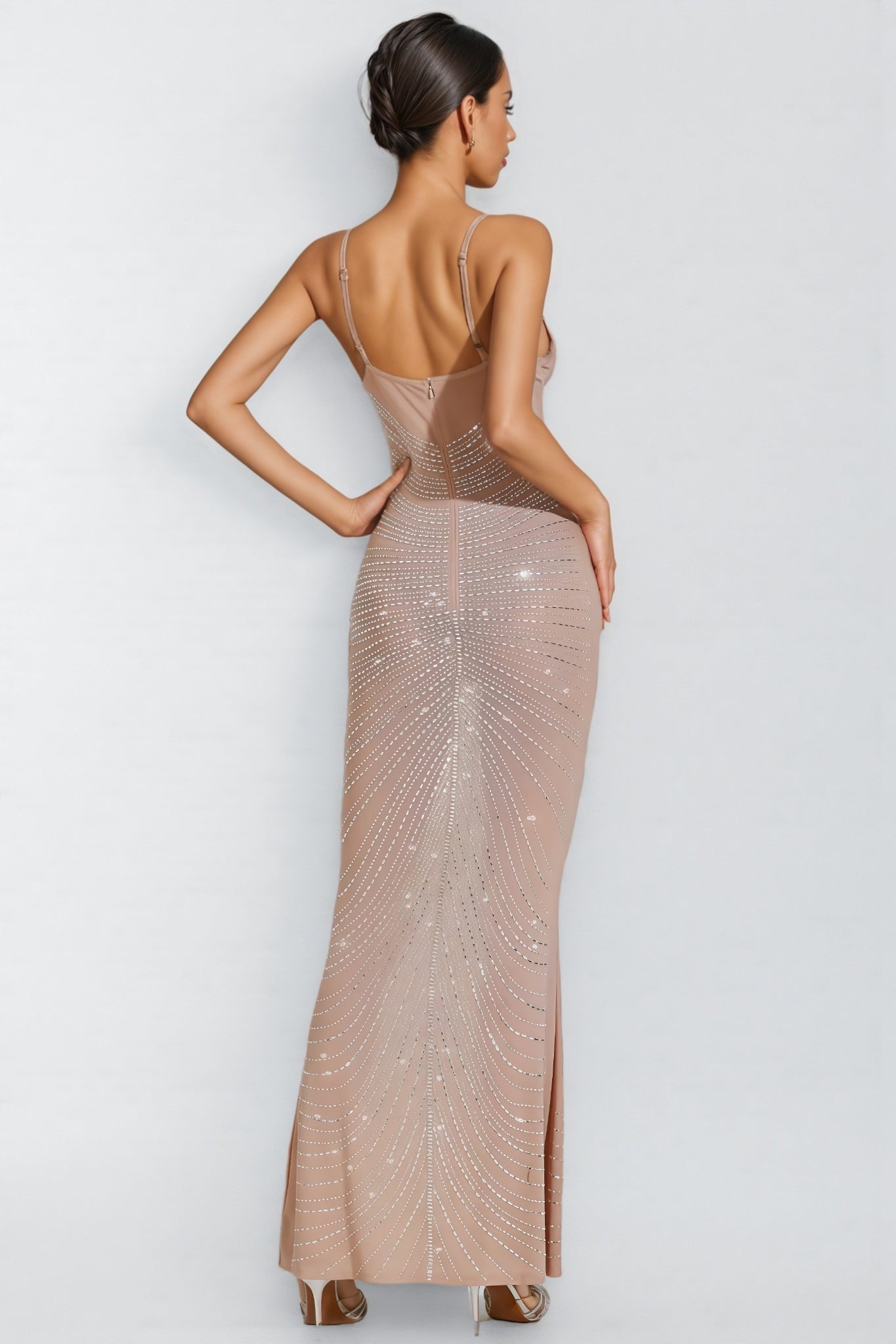 Sequin Radiating Pattern Spaghetti Strap Sweetheart Corset Mesh Mermaid Maxi Gown