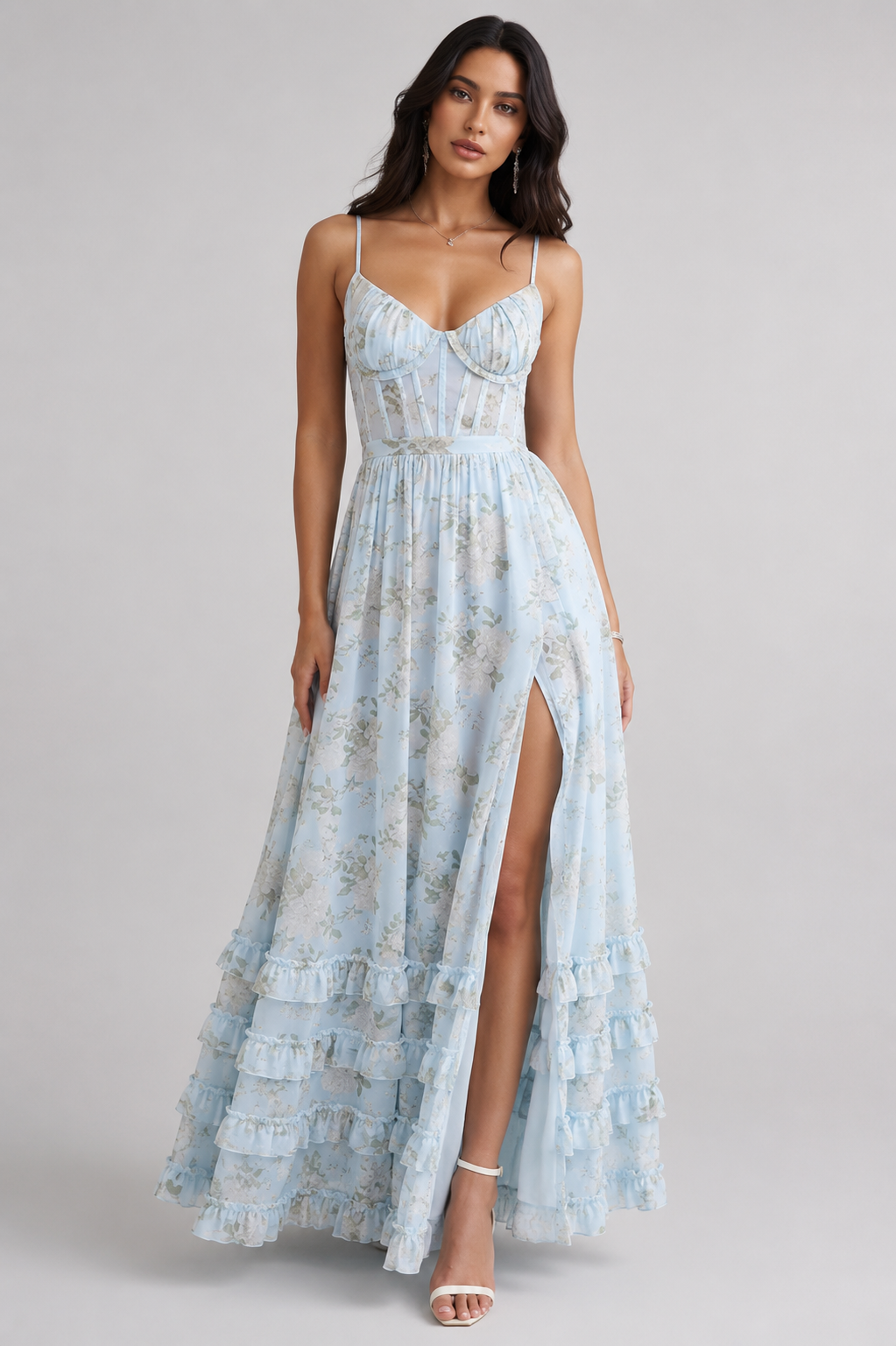 Floral Print Corset Bodice High Split Ruffle Hem Maxi Dress