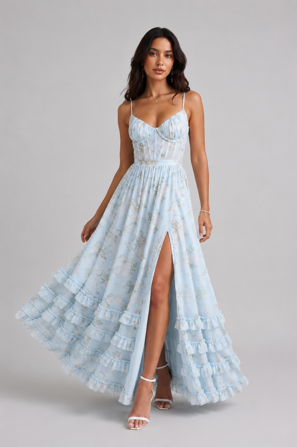 Floral Print Corset Bodice High Split Ruffle Hem Maxi Dress