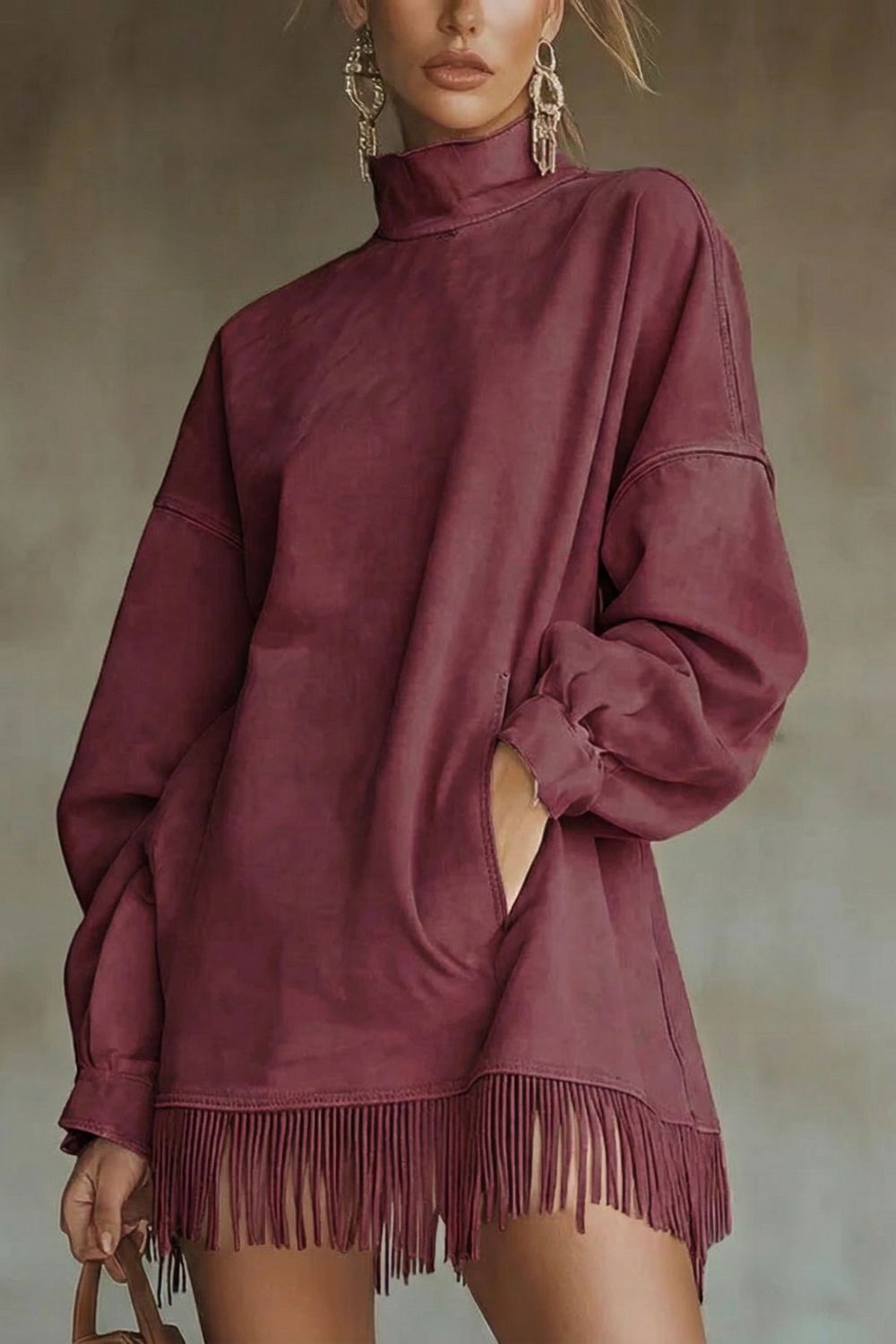 Suede High Neck Long Sleeve Fringe Pocket Mini Dress 12