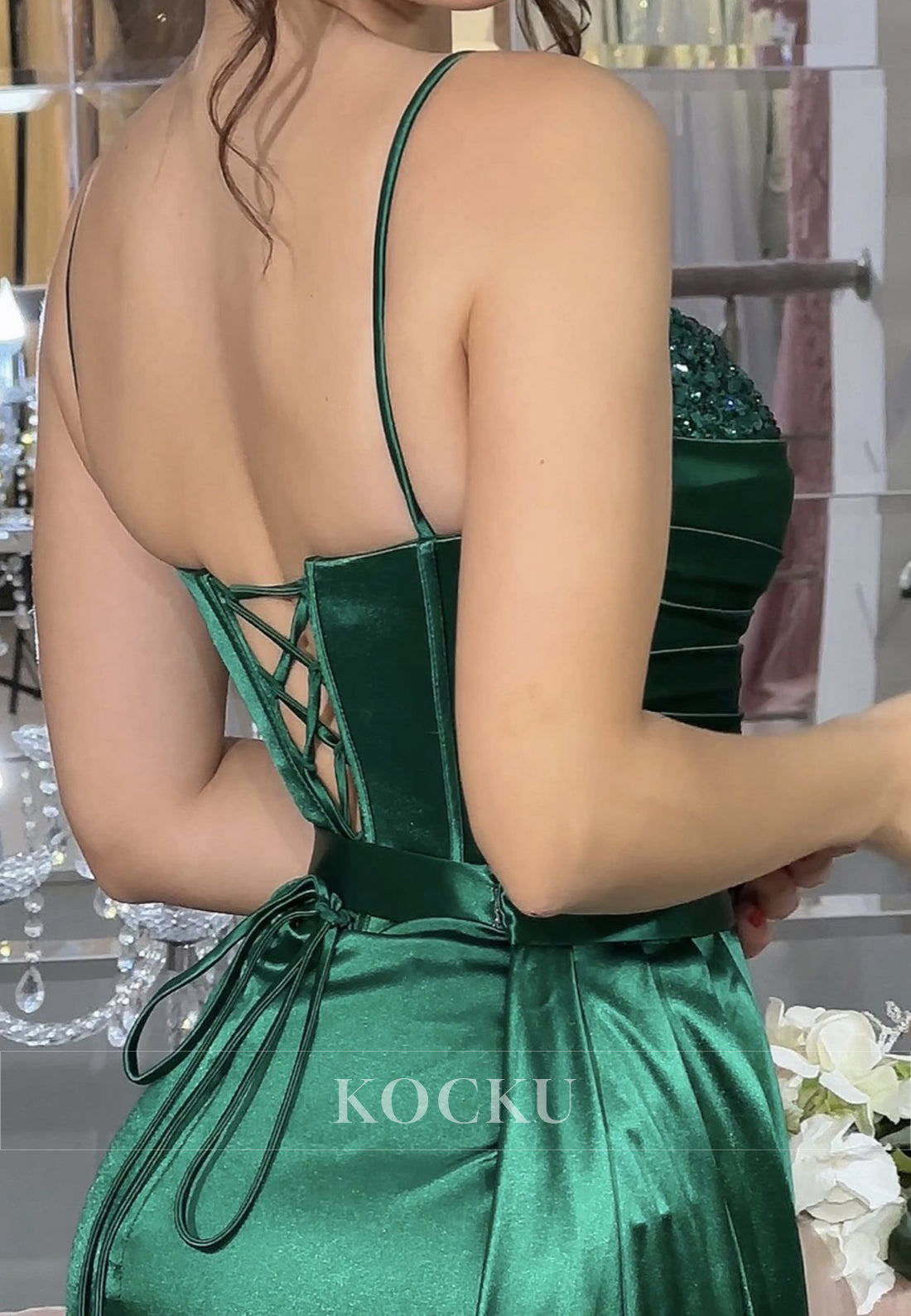 Elegant Sweetheart Straps Sheath Ruched Satin Long Prom Formal Dress with Beads