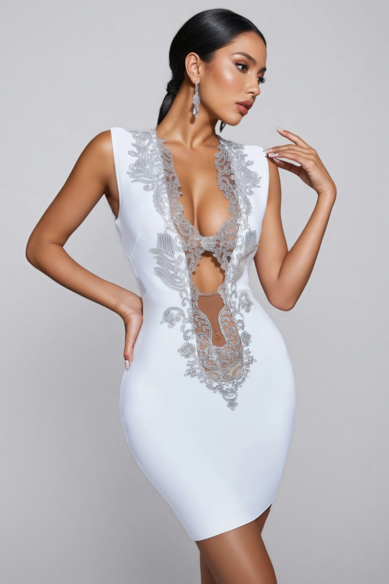 Lace Embellished Deep V-Neck Sheer Mesh Panel Sleeveless Bodycon Mini Cocktail Dress