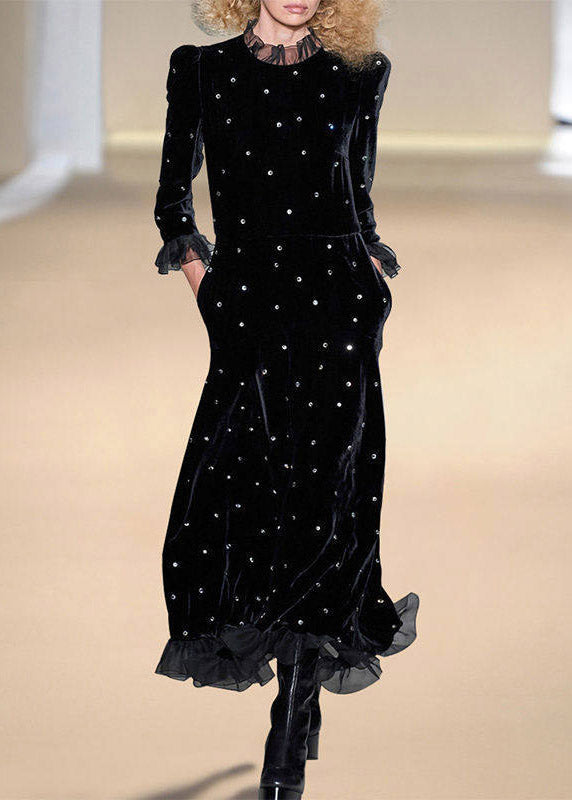 Velvet Rhinestone Studded Ruffle Mock Neck Long Sleeve Mesh Hem Midi Dress