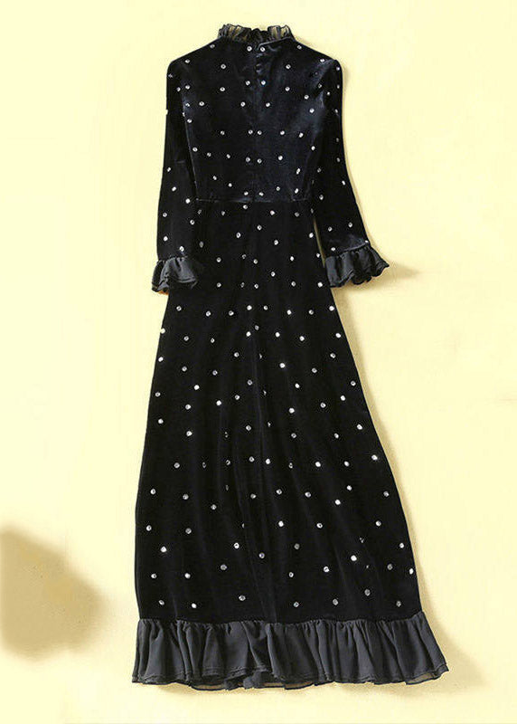 Vogue Black Turtleneck Nail Bead Silk Velvet Maxi Dress Spring - View 4