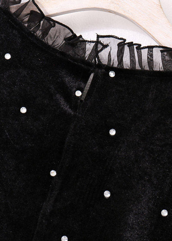 Vogue Black Turtleneck Nail Bead Silk Velvet Maxi Dress Spring - View 5