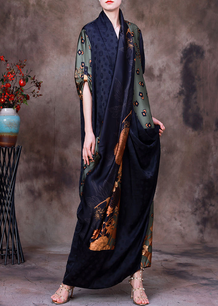 Patchwork Metallic Floral Geometric Print Draped Wrap Front Half Sleeve Maxi Dress