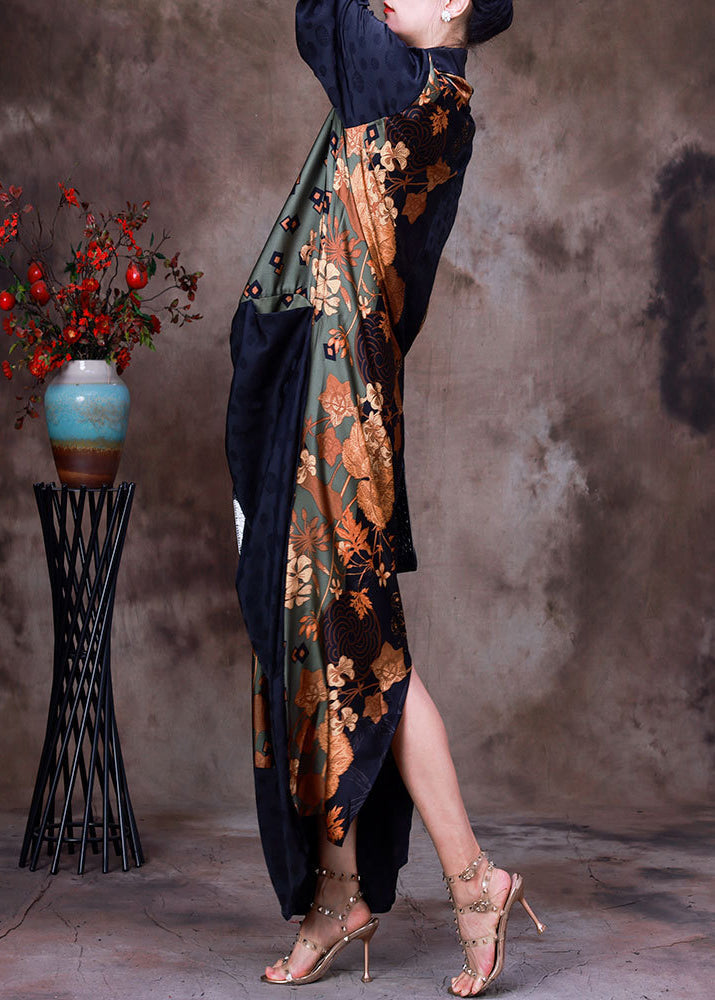 Patchwork Metallic Floral Geometric Print Draped Wrap Front Half Sleeve Maxi Dress