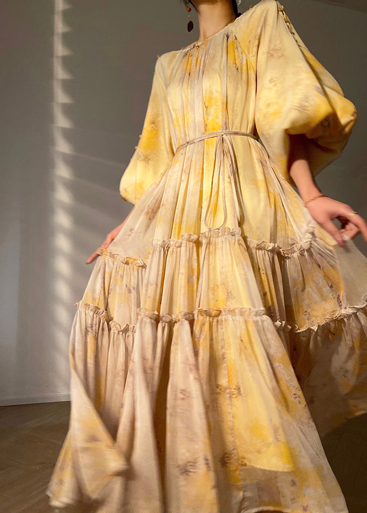 Vogue Yellow O-Neck Print Tie Waist Chiffon Maxi Dresses Long Sleeve - View 3