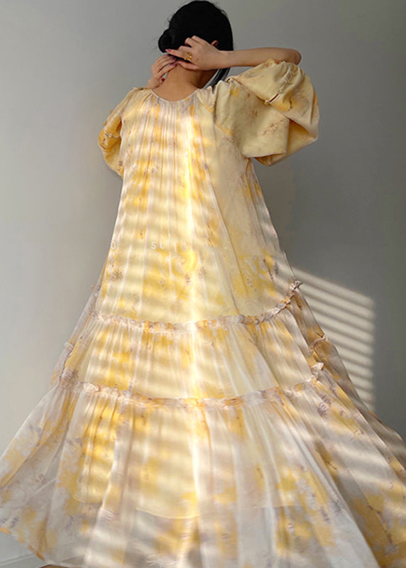 Vogue Yellow O-Neck Print Tie Waist Chiffon Maxi Dresses Long Sleeve - View 4