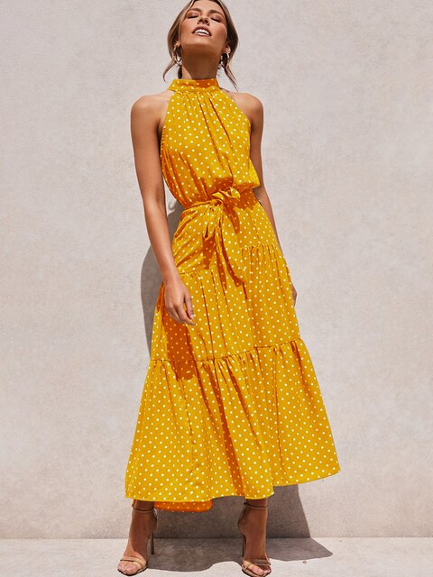 Halter Neck Polka Dot Tiered Belted Sleeveless Maxi Summer Dress