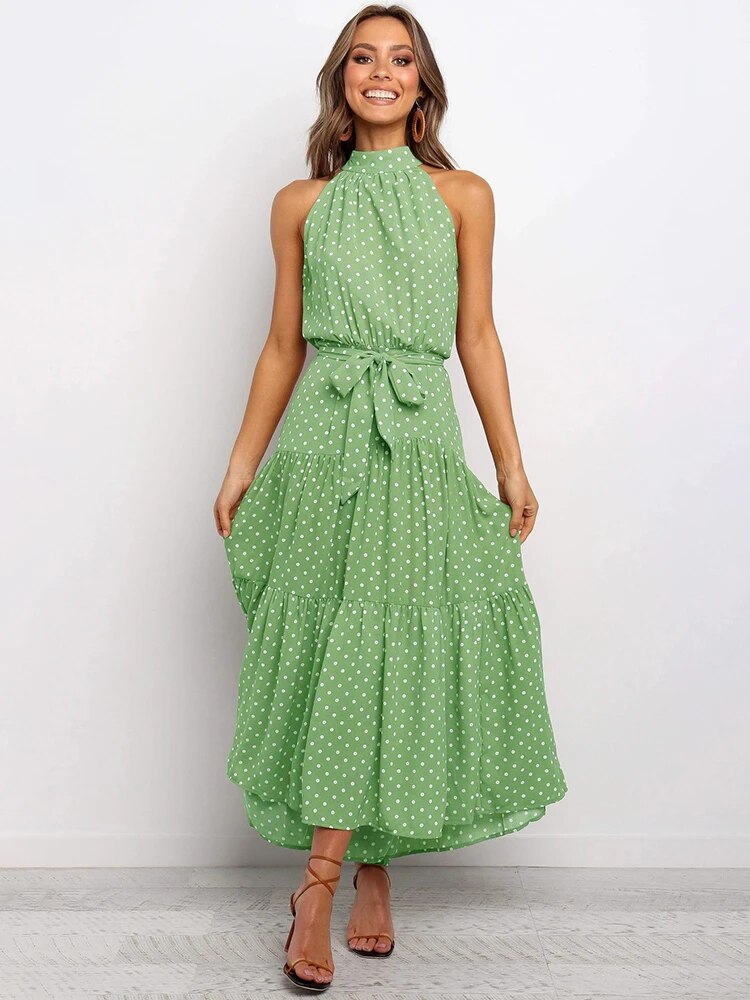 Halter Neck Polka Dot Tiered Belted Sleeveless Maxi Summer Dress