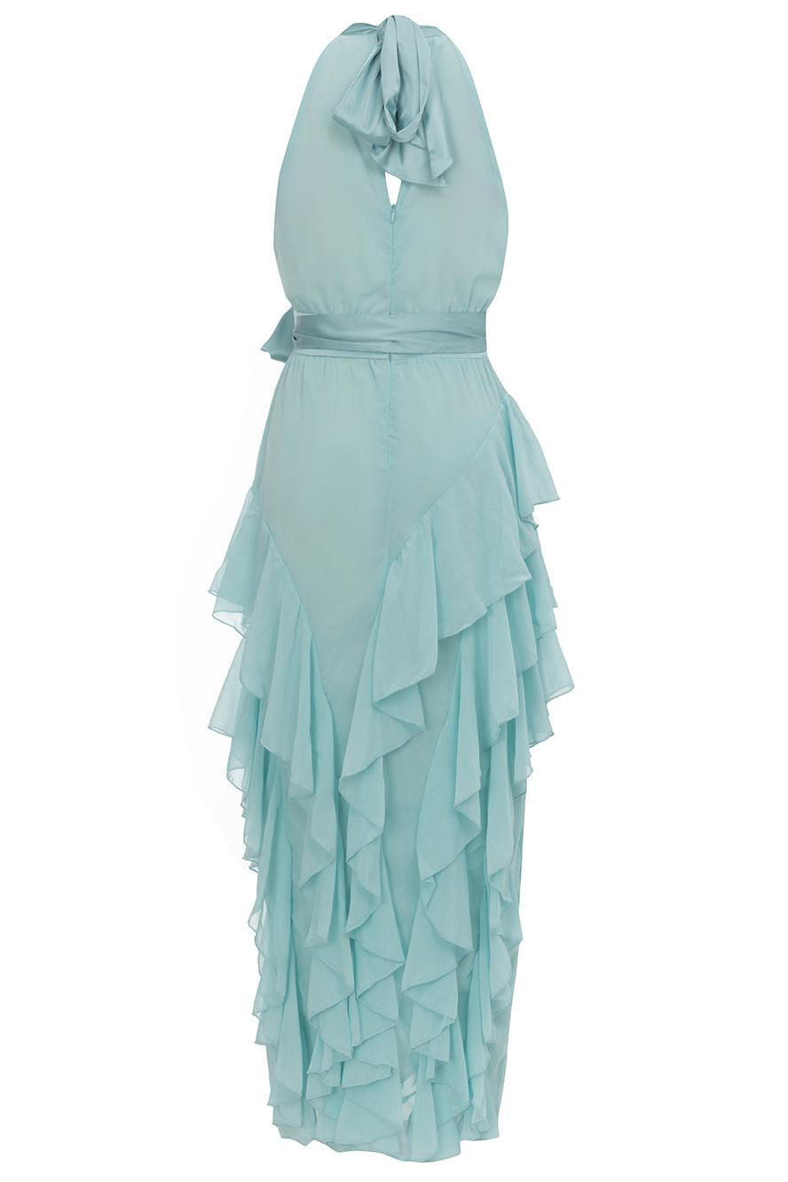 Chiffon Sleeveless Frill Split Midi Dress With Belt in blue - View 5