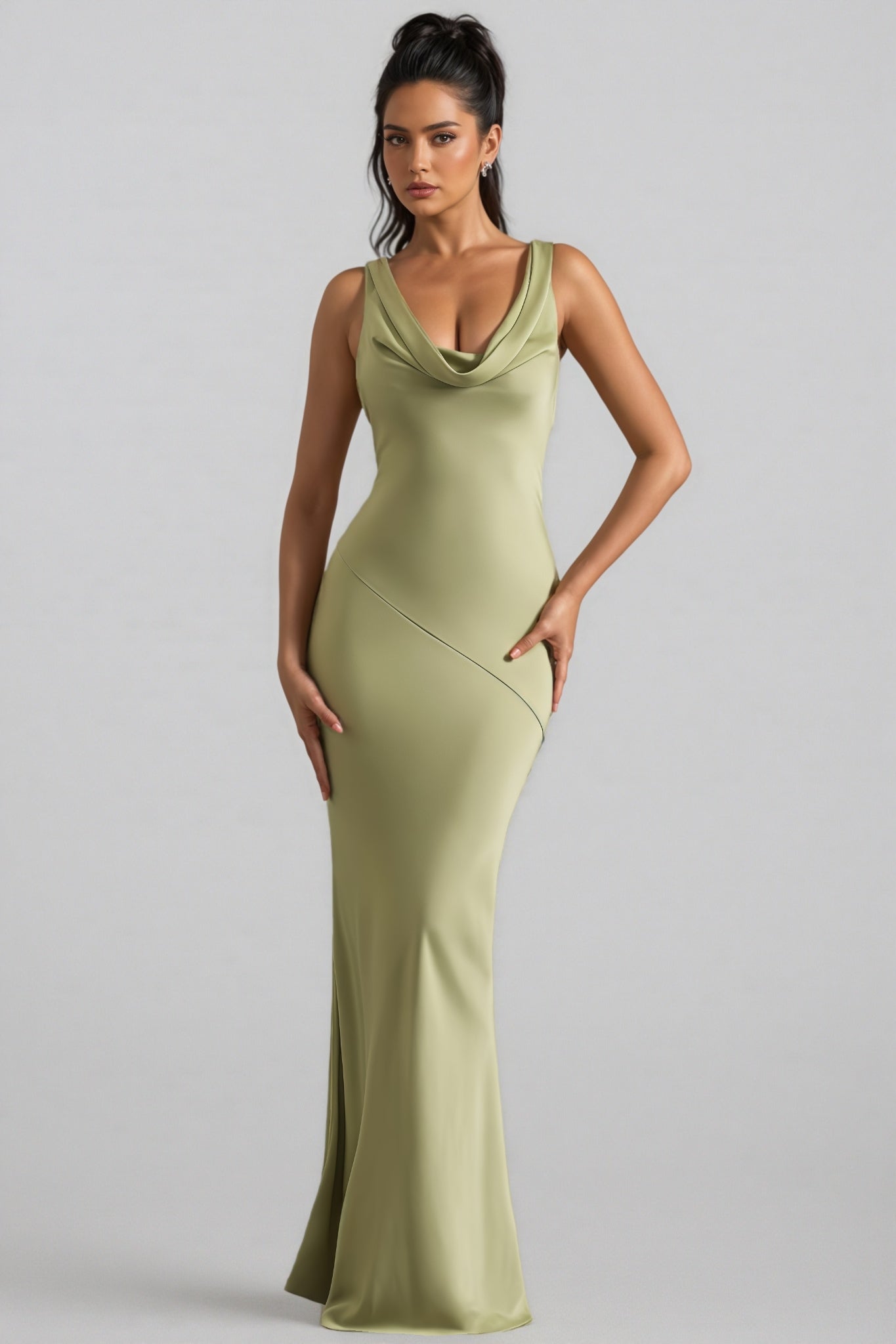Kovty Light Olive Satin Cowl-Neck Maxi Dress - View 5
