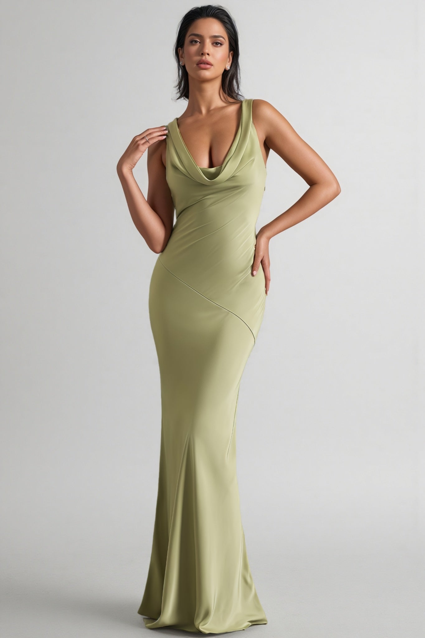 Kovty Light Olive Satin Cowl-Neck Maxi Dress - View 3
