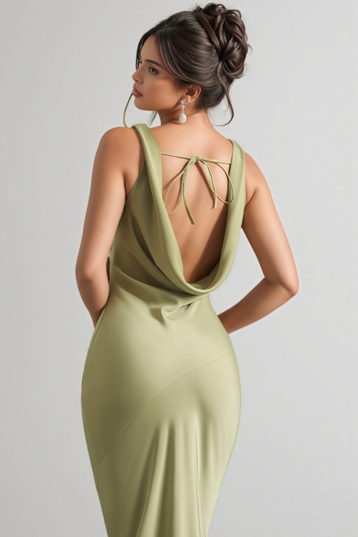 Kovty Light Olive Satin Cowl-Neck Maxi Dress - View 4