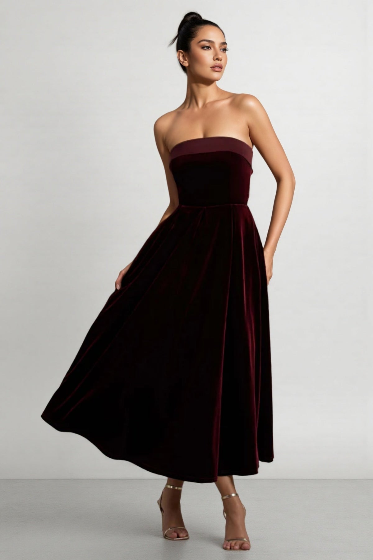 Velvet Strapless Bandeau Fit and Flare Midi Dress