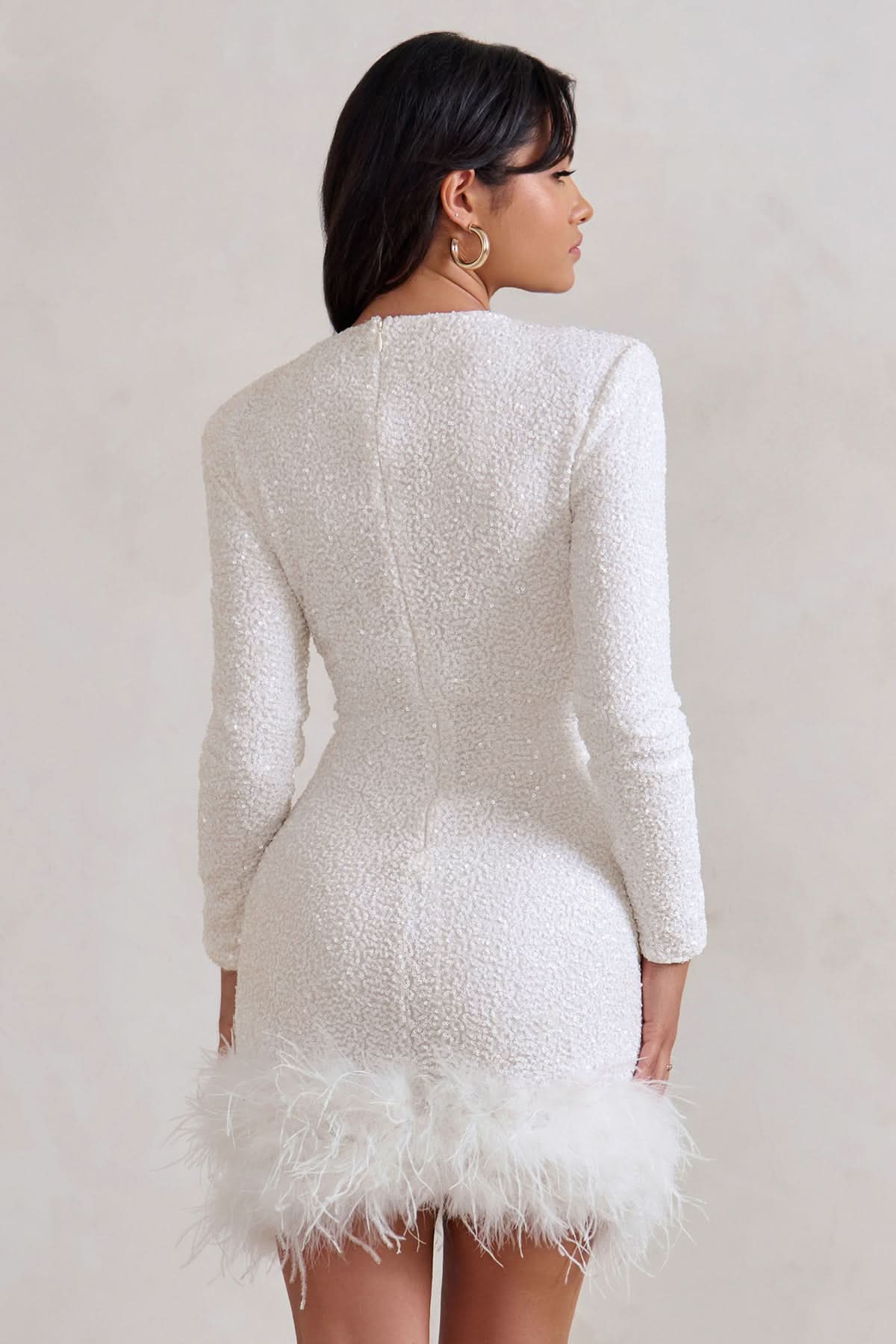 Sequin Crew Neck Long Sleeve Feather Hem Bodycon Mini Dress 3