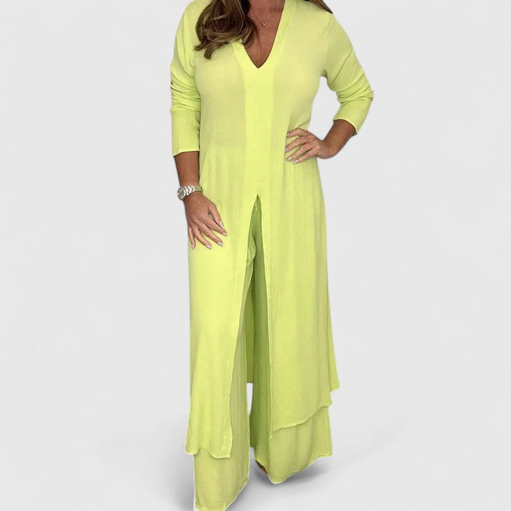 V-Neck Long Sleeve Split Hem Tunic and Wide Leg Pants Two Piece Set