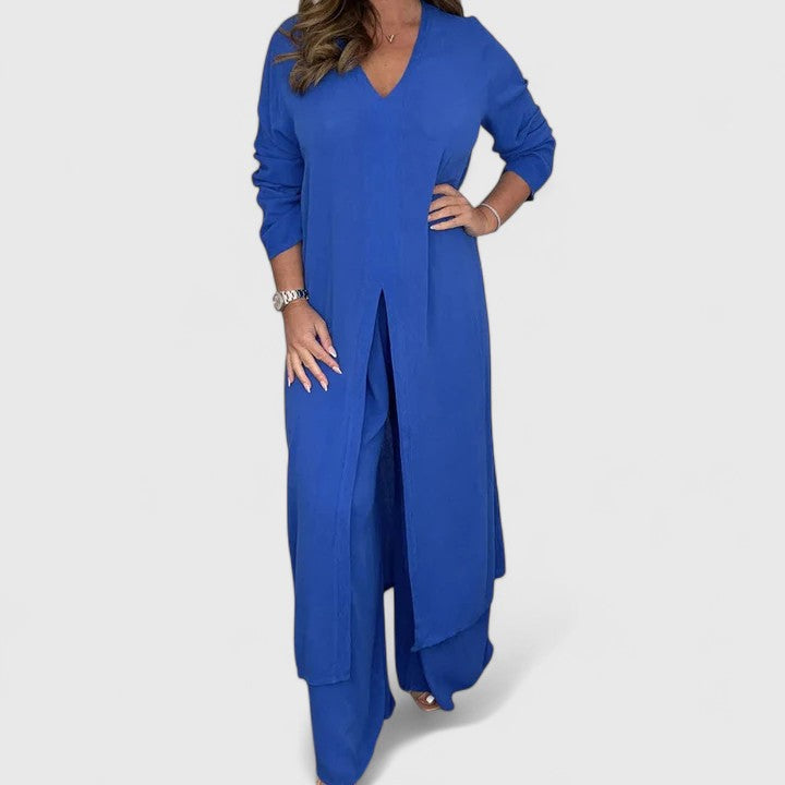 V-Neck Long Sleeve Split Hem Tunic and Wide Leg Pants Two Piece Set