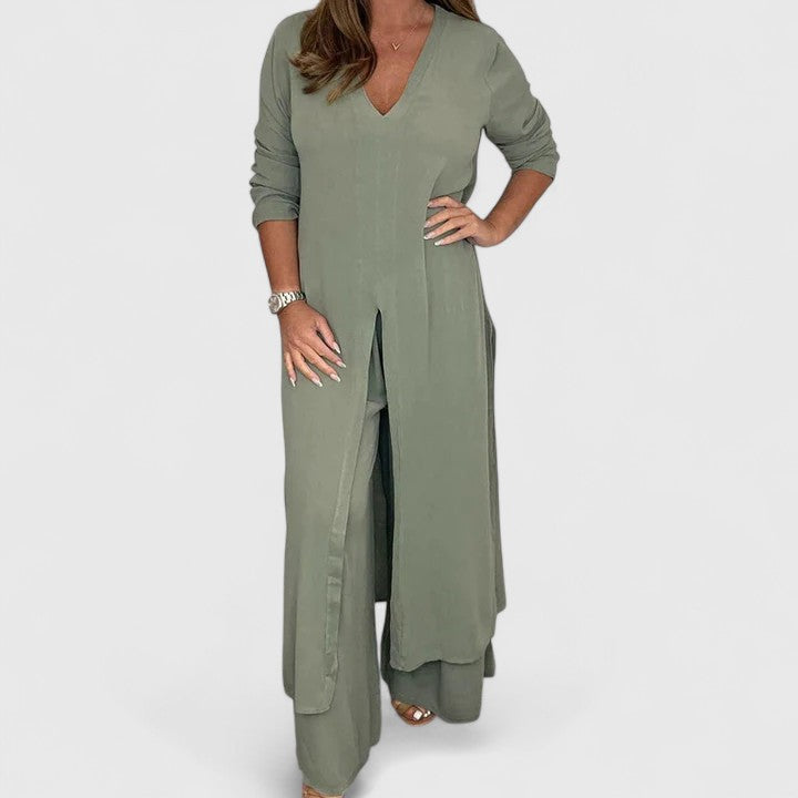 V-Neck Long Sleeve Split Hem Tunic and Wide Leg Pants Two Piece Set