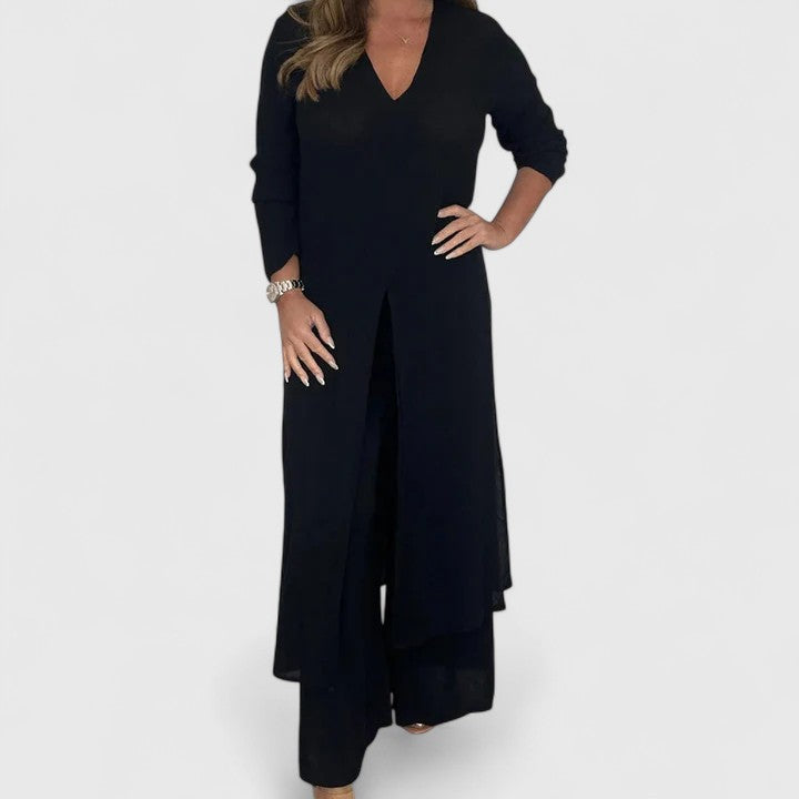 V-Neck Long Sleeve Split Hem Tunic and Wide Leg Pants Two Piece Set