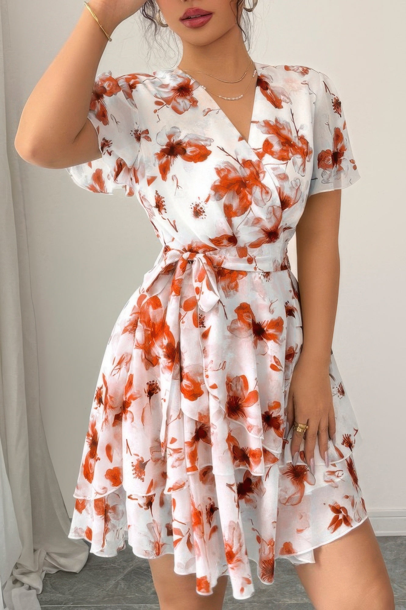 Floral V-Neck Short Sleeve Wrap Tiered Ruffle Mini Dress 6